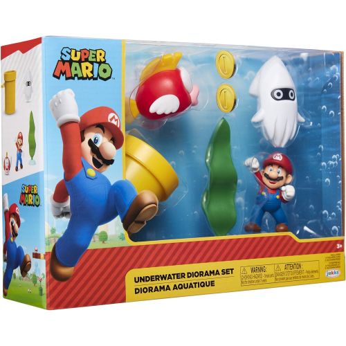 슈퍼마리오 SUPER MARIO Nintendo Underwater 2.5 Figure Diorama Play Set, Includes: Mario, Cheep-Cheep, Blooper, Mechanical Warp Pipe, Spinning Water Plant & Two Coins