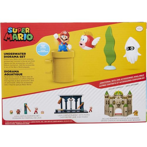 슈퍼마리오 SUPER MARIO Nintendo Underwater 2.5 Figure Diorama Play Set, Includes: Mario, Cheep-Cheep, Blooper, Mechanical Warp Pipe, Spinning Water Plant & Two Coins