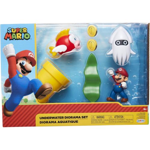 슈퍼마리오 SUPER MARIO Nintendo Underwater 2.5 Figure Diorama Play Set, Includes: Mario, Cheep-Cheep, Blooper, Mechanical Warp Pipe, Spinning Water Plant & Two Coins