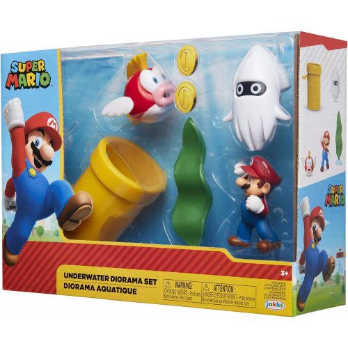 슈퍼마리오 SUPER MARIO Nintendo Underwater 2.5 Figure Diorama Play Set, Includes: Mario, Cheep-Cheep, Blooper, Mechanical Warp Pipe, Spinning Water Plant & Two Coins