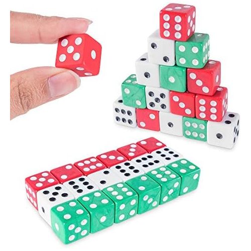  [아마존베스트]Super Z Outlet Assorted Colorful Dice in White, Red, Green for Board Games, Activity, Casino Theme, Party Favors, Toy Gifts (18 Pack)