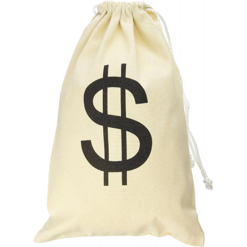  Super Z Outlet Large Canvas Natural Money Bag Pouch with Drawstring Closure and Dollar Sign Design for Toy Party Favors, Bank Robber Cowboy Pirate Theme, Carrying Case Sack