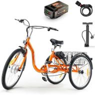 SuperHandy Adult Tricycle Electric Bike EcoRide 3 Modes, Adaptive Torque Pedal Assist, 250W Motor, (2) Lithium Batteries, 330LB Capacity, Large Storage Basket, LED Headlight, Air Pump+Lock Included