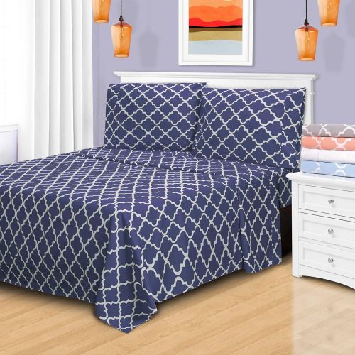  Superior 100% Cotton Trellis Geometric Bedding, 4 Piece Sheet Set, Soft and Breathable Cotton Sheets, 300 Thread Count with Deep Fitting Pockets - King, Navy Blue