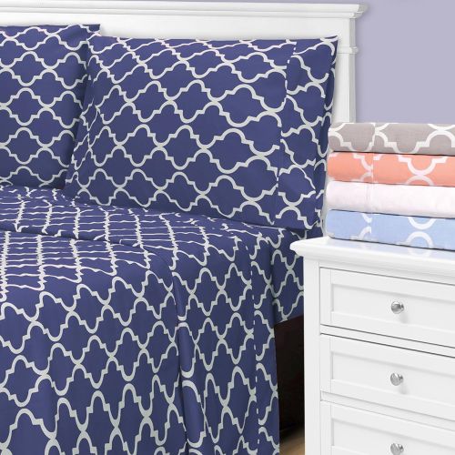  Superior 100% Cotton Trellis Geometric Bedding, 4 Piece Sheet Set, Soft and Breathable Cotton Sheets, 300 Thread Count with Deep Fitting Pockets - King, Navy Blue