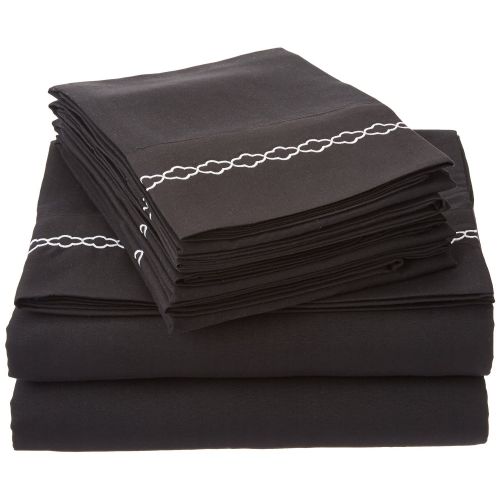  Superior Super Soft Light Weight, 100% Brushed Microfiber, Twin, Wrinkle Resistant, 4-Piece Sheet Set, Black with White Cloud Embroidery in Gift Box