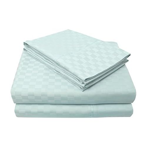  SUPERIOR 100% Cotton, 300 Thread Count Checkered Bed Sheet Set, Queen, Light Blue