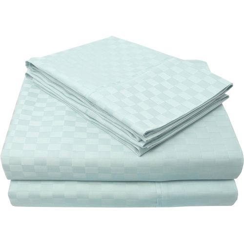  SUPERIOR 100% Cotton, 300 Thread Count Checkered Bed Sheet Set, Queen, Light Blue