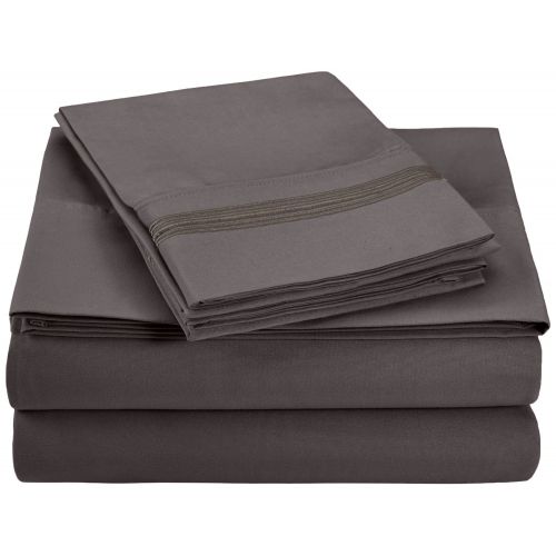  Superior 5-Line Sheets with Embroidered Pillowcases, Luxurious Silky Soft, Light Weight, Wrinkle Resistant Brushed Microfiber, King Size 4-Piece Sheet Set, Charcoal