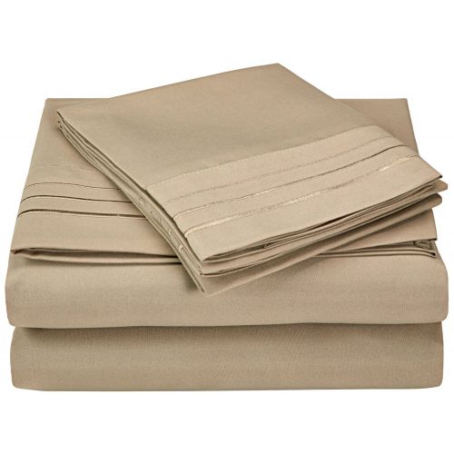  Superior 3-Line Embroidered Sheet Set, Tan, King, 4-Piece