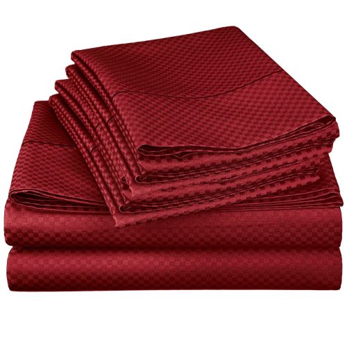  Superior Wrinkle Resistant 800 Thread Count Cotton Blend Microchecker Bed Sheet Set with Bonus Pillowcase Set, King, Burgundy