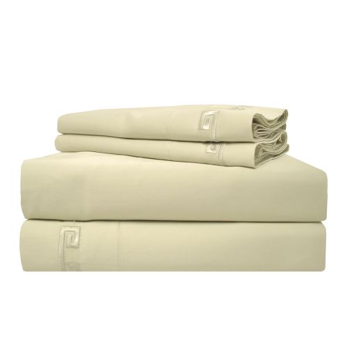  Superior 600 Thread Count Long-Staple Combed Cotton, Deep Pocket, Single Ply, King Bed Sheet Set, Embroidery Greek Key, Sage