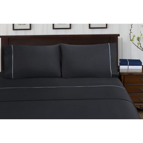  Superior Cotton Blend 600 Thread Count, Deep Pocket, Soft, Wrinkle Resistant 4-Piece California King Bed Sheet Set, Bahama Solid, White with Black Trim