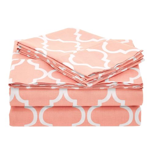  Superior 100% Cotton Trellis Geometric Bedding, 4 Piece Sheet Set, Soft and Breathable Cotton Sheets, 300 Thread Count with Deep Fitting Pockets - King, Coral