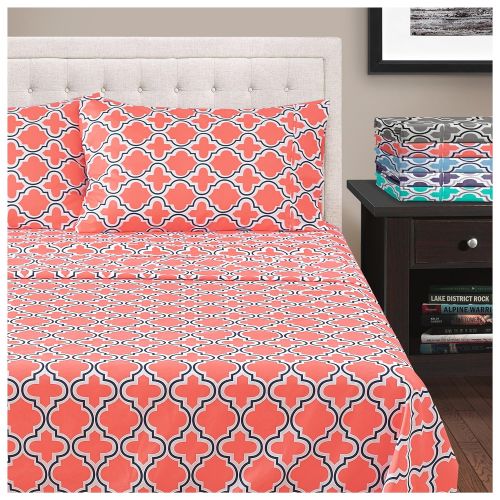  Superior All Season Hypoallergenic, Breathable, Lightweight, Wrinkle, Fade Resistant, Brushed Microfiber Printed Trellis Sheet Set, Queen - Coral