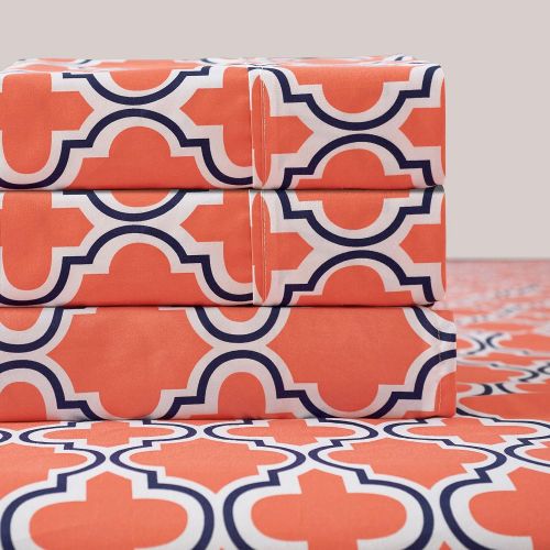  Superior All Season Hypoallergenic, Breathable, Lightweight, Wrinkle, Fade Resistant, Brushed Microfiber Printed Trellis Sheet Set, Queen - Coral