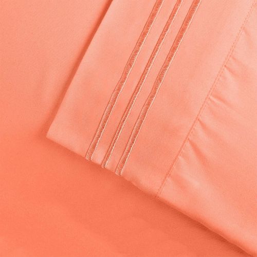  Superior 3-Line Embroidered Pillowcase Sheet, Queen, Coral
