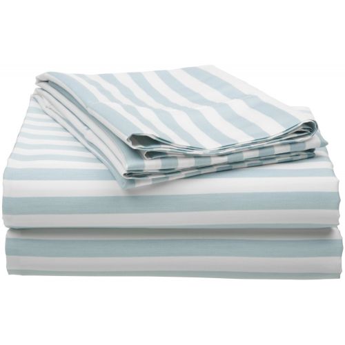  Superior Cotton Blend 600 Thread Count, Deep Pocket, Soft, Wrinkle Resistant 4-Piece California King Bed Sheet Set, Cabana Stripe Light Blue