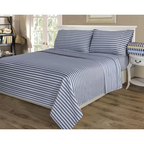  Superior Cotton Blend 600 Thread Count, Deep Pocket, Soft, Wrinkle Resistant 4-Piece California King Bed Sheet Set, Cabana Stripe Light Blue