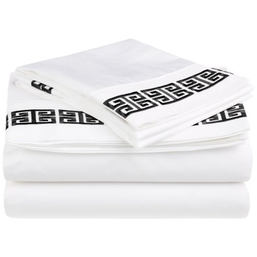  Superior 100% Cotton Greek Key Embroidery, 4-Piece Full Kendell Bed Sheet Set, White/ Black