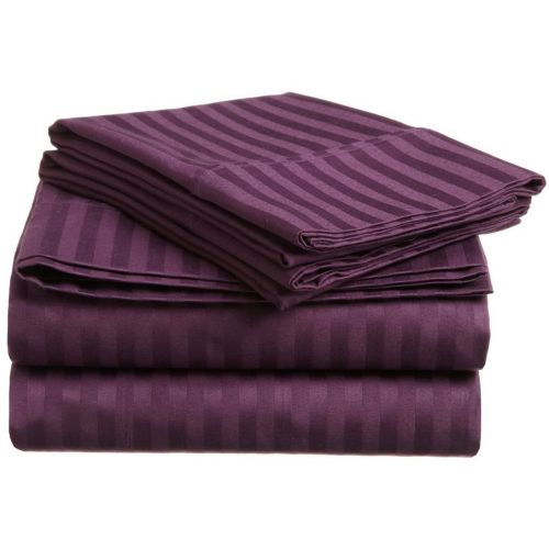  Superior 300 Thread Count 100% Premium Combed Cotton, 3-Piece Bed Sheet Set, Deep Pocket, Single Ply, Sateen Stripe, Twin - Plum