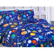 Superior Home 2 Piece Twin Size Kids Boys Teens Bedspread Coverlet Quilt Set with Sham, Space Planets Rockets Blue Print Blue Multicolor Boys Kids Bedding Set, Twin Bedspread Space