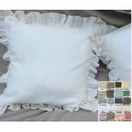 SuperiorCustomLinens Natural linen ruffle euro sham cover, Ruffle pillow covers, accented pillow sham cover, 41 + colors in white pink blue stripes, All Sizes
