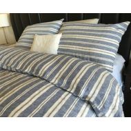 SuperiorCustomLinens NAUTICAL STRIPE NAVY Duvet Cover with striped pillow cover, Navy and Ivory ticking stripe bedding in Queen, King size, linen bedding