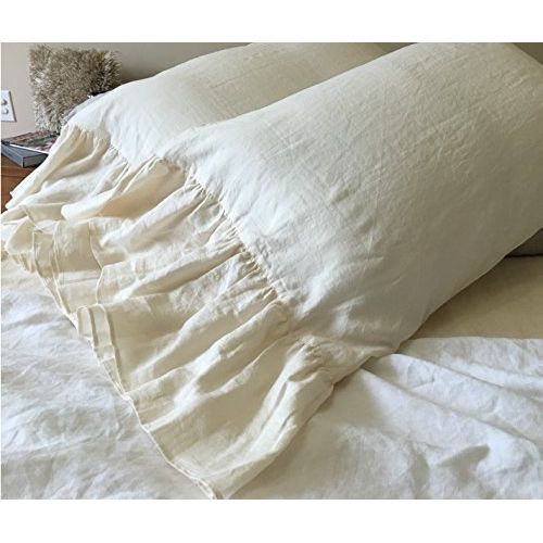  SuperiorCustomLinens A pair of Natural Linen Pillow Covers with mermaid long ruffles, White, Grey, Cream, Pink, Blue, Stripe, Chevron, over 40 colorpatterns, Custom Size, Free Shipping