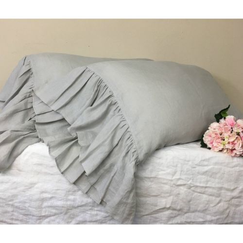  SuperiorCustomLinens A pair of Natural Linen Pillow Covers with mermaid long ruffles, White, Grey, Cream, Pink, Blue, Stripe, Chevron, over 40 colorpatterns, Custom Size, Free Shipping