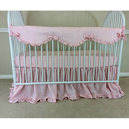  SuperiorCustomLinens Pink Linen Crib Rail Guard - Scalloped with ruffle hem, Crib Rail Cover for Teething, Handmade Bumperless Crib Bedding Set, Baby Bedding Set, FREE SHIPPING