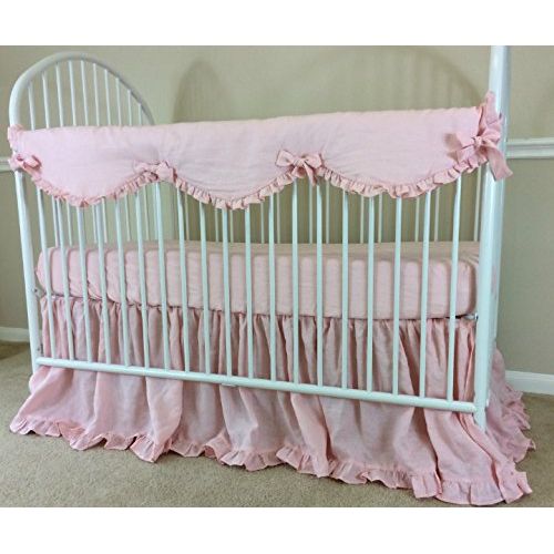  SuperiorCustomLinens Pink Linen Crib Rail Guard - Scalloped with ruffle hem, Crib Rail Cover for Teething, Handmade Bumperless Crib Bedding Set, Baby Bedding Set, FREE SHIPPING