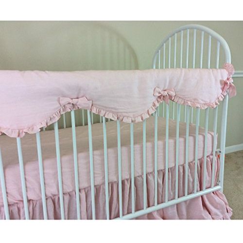  SuperiorCustomLinens Pink Linen Crib Rail Guard - Scalloped with ruffle hem, Crib Rail Cover for Teething, Handmade Bumperless Crib Bedding Set, Baby Bedding Set, FREE SHIPPING