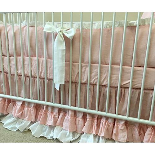  SuperiorCustomLinens Ballet Slipper Pink and White Baby Bedding - Crib Bumpers, Crib Skirt, Crib Sheets, Handmade Natural Linen Crib Bedding Set, 2 Tone Baby Bedding Set, FREE SHIPPING