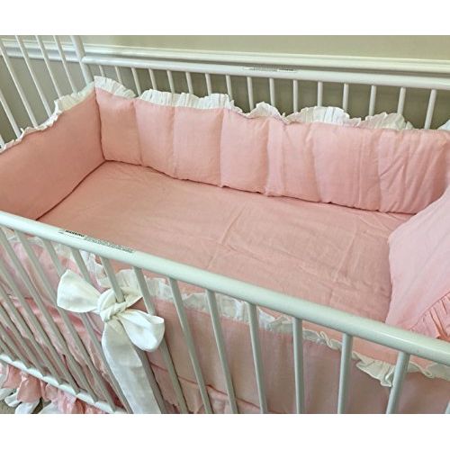  SuperiorCustomLinens Ballet Slipper Pink and White Baby Bedding - Crib Bumpers, Crib Skirt, Crib Sheets, Handmade Natural Linen Crib Bedding Set, 2 Tone Baby Bedding Set, FREE SHIPPING