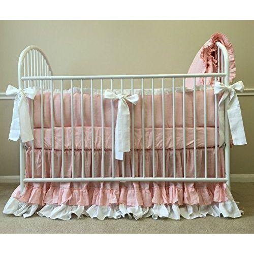  SuperiorCustomLinens Ballet Slipper Pink and White Baby Bedding - Crib Bumpers, Crib Skirt, Crib Sheets, Handmade Natural Linen Crib Bedding Set, 2 Tone Baby Bedding Set, FREE SHIPPING