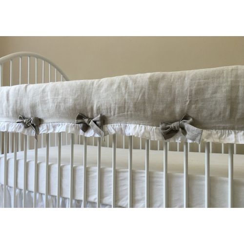  SuperiorCustomLinens Chevron Linen Rail Cover w. Dark Linen bows, White Ruffle Hem, Handmade Bumperless Crib Bedding Set, Baby Bedding Set, FREE SHIPPING