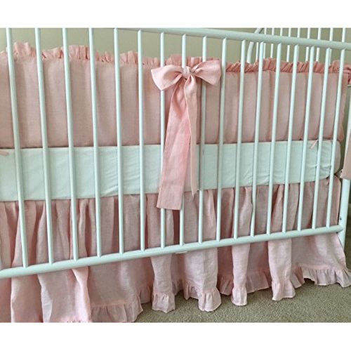  SuperiorCustomLinens Pink Ruffle Baby Bedding Set - Crib Bumpers, Crib Skirt, Crib Sheets, Handmade Natural Linen Crib Bedding Set, Linen Baby Bedding Set, FREE SHIPPING