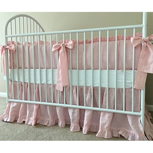  SuperiorCustomLinens Pink Ruffle Baby Bedding Set - Crib Bumpers, Crib Skirt, Crib Sheets, Handmade Natural Linen Crib Bedding Set, Linen Baby Bedding Set, FREE SHIPPING