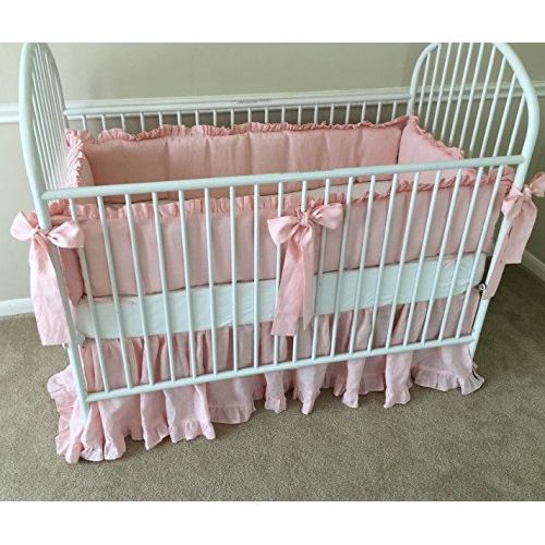  SuperiorCustomLinens Pink Ruffle Baby Bedding Set - Crib Bumpers, Crib Skirt, Crib Sheets, Handmade Natural Linen Crib Bedding Set, Linen Baby Bedding Set, FREE SHIPPING