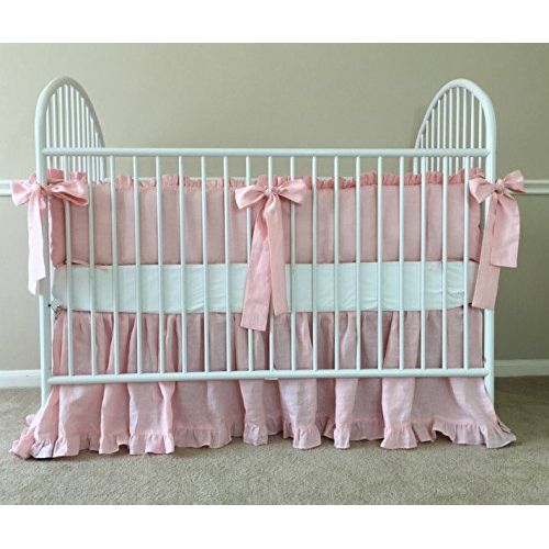  SuperiorCustomLinens Pink Ruffle Baby Bedding Set - Crib Bumpers, Crib Skirt, Crib Sheets, Handmade Natural Linen Crib Bedding Set, Linen Baby Bedding Set, FREE SHIPPING