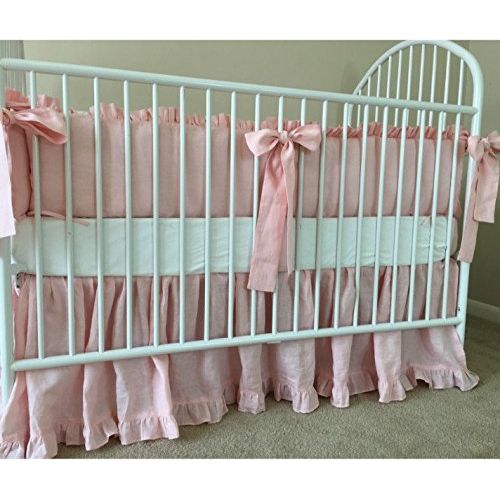  SuperiorCustomLinens Pink Ruffle Baby Bedding Set - Crib Bumpers, Crib Skirt, Crib Sheets, Handmade Natural Linen Crib Bedding Set, Linen Baby Bedding Set, FREE SHIPPING