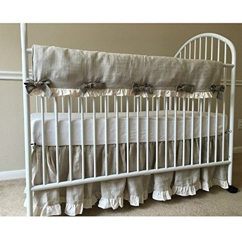  SuperiorCustomLinens Natural Linen Crib Rail Guard - Scalloped with ruffle hem, Crib Rail Cover for Teething, Handmade Bumperless Crib Bedding Set, Baby Bedding Set, FREE SHIPPING