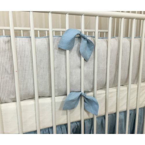  SuperiorCustomLinens Stone Grey Ticking Striped Bumper, Blue Leaf Shaped Ties and Blue Skirt, Crib Bedding Set, FREE SHIPPING