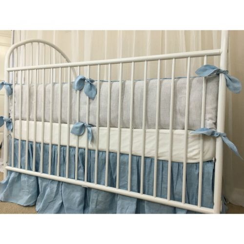  SuperiorCustomLinens Stone Grey Ticking Striped Bumper, Blue Leaf Shaped Ties and Blue Skirt, Crib Bedding Set, FREE SHIPPING