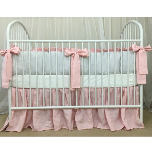  SuperiorCustomLinens Stone Grey Ticking Striped Bumper, Pink Sash Ties and Pink Skirt, Crib Bedding Set, FREE SHIPPING