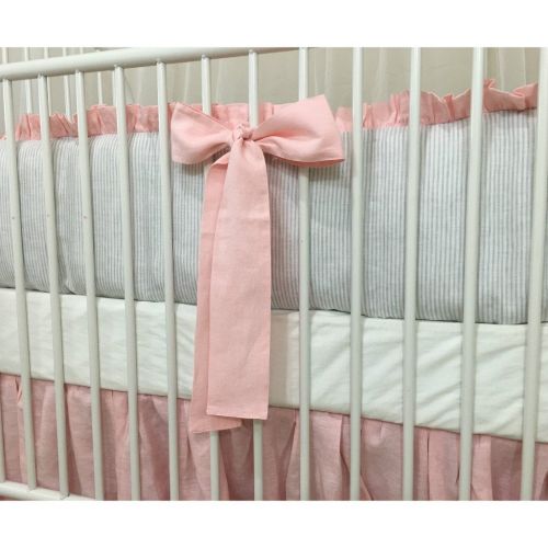  SuperiorCustomLinens Stone Grey Ticking Striped Bumper, Pink Sash Ties and Pink Skirt, Crib Bedding Set, FREE SHIPPING