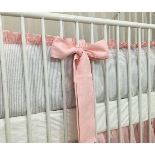  SuperiorCustomLinens Stone Grey Ticking Striped Bumper, Pink Sash Ties and Pink Skirt, Crib Bedding Set, FREE SHIPPING