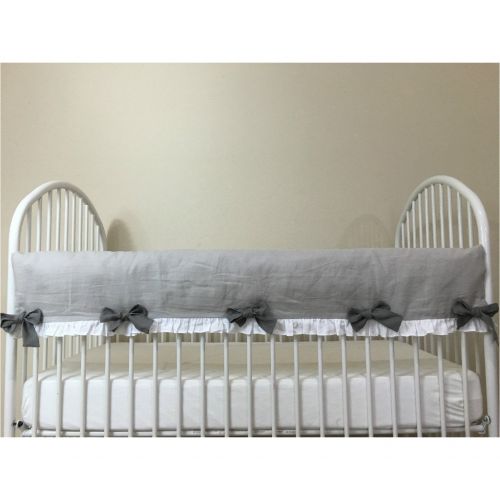  SuperiorCustomLinens Stone Grey Rail Cover w. Medium Grey Bows, White ruffle finish, Handmade Bumperless Crib Bedding Set, Neutral Baby Bedding Set, FREE SHIPPING