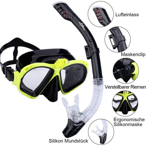  Supertrip Premium Schnorchelset Erwachsene Taucherbrille mit Schnorchel Tauchset Tauchmaske mit Kamera Halterung Tauchen Dry Schnorcheln Set